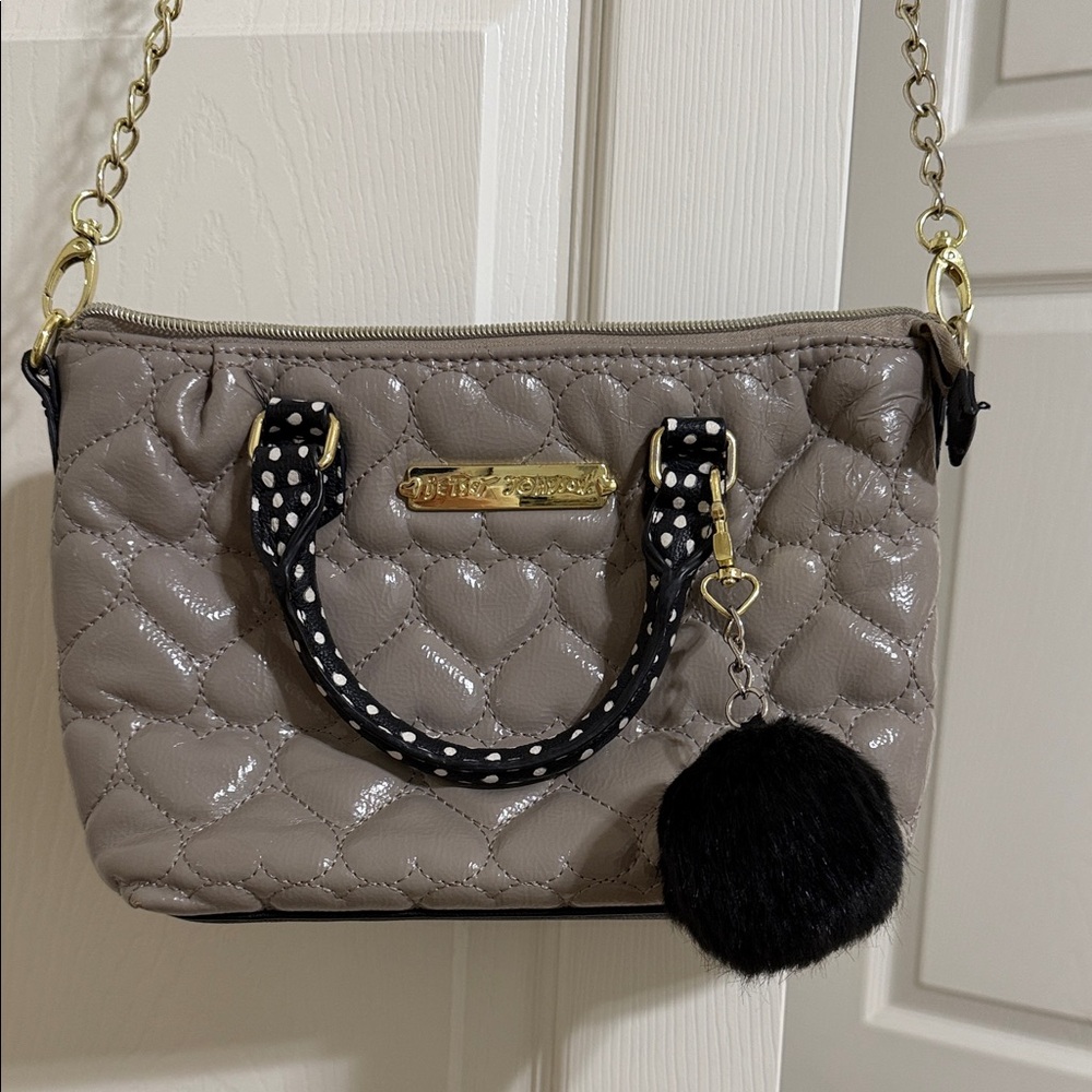 Betsey Johnson Taupe Quilted Heart Crossbody with Black Polka Dot Trim & Pom